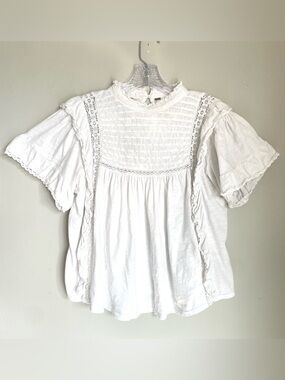 Free People White Lace Pintuck Blouse Boho Cottagecore Flutter Sleeve